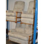 3 PIECE MODERN WOODEN FRAMED LOUNGE SUITE COMPRISING 2 SEATER SETTEE & 2 SINGLE ARM CHAIRS