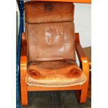TAN LEATHER WOODEN FRAMED EASY CHAIR