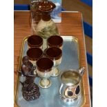 TRAY CONTAINING POTTERY DECANTER WITH GOBLETS, CARVED ORIENTAL WOODEN FIGURINE DISPLAY & E.P.N.S.