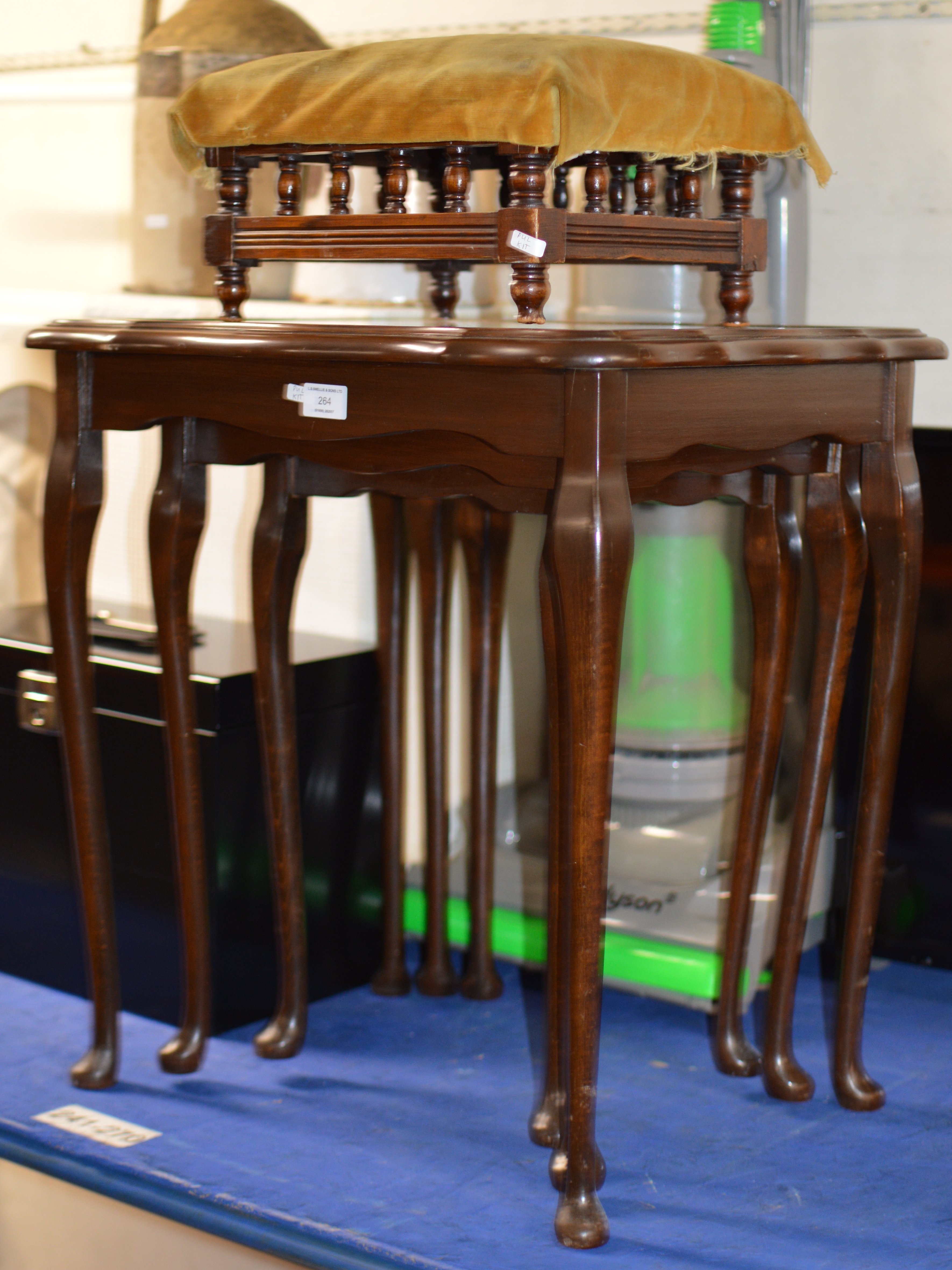 NEST OF 3 MAHOGANY TEA TABLES & SMALL MAHOGANY STOOL