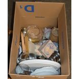 BOX WITH HIP FLASKS, TANKARDS, QUAICH'S, GLASS WARE, MIXED CERAMICS & GENERAL BRIC-A-BRAC