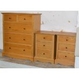 MODERN OAK 2 OVER 3 CHEST WITH PAIR OF MATCHING 3 DRAWER BEDSIDE CHESTS