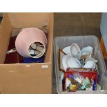 2 BOXES WITH BOOKS, PARAGON TEA WARE, VARIOUS DISHES, QUANTITY TOOLS, TABLE LAMP ETC