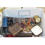 BOX WITH QUANTITY VARIOUS COSTUME JEWELLERY, WRIST WATCHES, VARIOUS BEADS, PICTURE FRAME, GILT