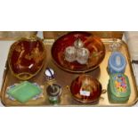 TRAY CONTAINING CONDIMENT SET WITH SILVER TOPS, VARIOUS PIECES OF CARLTON WARE, WEDGWOOD BOX,