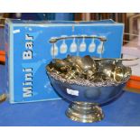 E.P.N.S. PUNCH BOWL WITH CUPS & LADLE & MINI BAR SET IN BOX