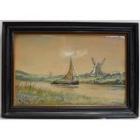 11¾" X 18¾" EBONY FRAMED WATERCOLOUR - DUTCH RIVER SCENE WITH A YACHT, INITIALLED M.G.K.