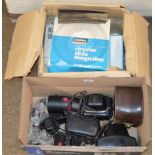 BOX WITH VARIOUS VINTAGE CAMERAS & ACCESSORIES, TOGETHER WITH A VINTAGE PROJECTOR