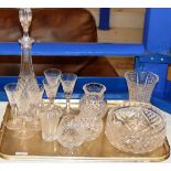 TRAY CONTAINING QUANTITY OF VARIOUS CRYSTAL WARE, SET OF 6 STEM GLASSES, DECANTER, VARIOUS VASES ETC