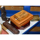 NOVELTY WOODEN FIGURE, BRASS BOX & 4 VARIOUS OTHER BOXES