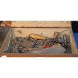 WOODEN BOX WITH VARIOUS VINTAGE TOOLS