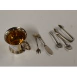 SILVER CHRISTENING CUP WITH VARIOUS SMALL SILVER SPOONS, FORKS, ETC