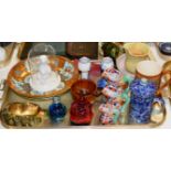 TRAY CONTAINING GLASS BUDDHA ORNAMENTS, JUGS, CHINESE BLUE & WHITE MUG, TANKARD ETC