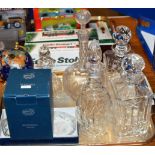 TRAY CONTAINING VARIOUS CUT CRYSTAL DECANTERS, SMALL WORLD GLOBE, CRYSTAL PIN DISHES, BOHEMIA