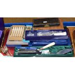 TRAY CONTAINING VARIOUS BOXED SETS OF CUTLERY, SERVING SETS, PENS ETC