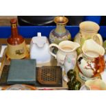 3 VARIOUS JUGS, VASE, BELLS WHISKY JUG & DECANTER, ORIENTAL VASE, BOOKENDS ETC