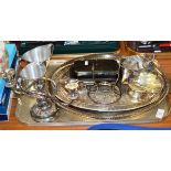 TRAY CONTAINING VARIOUS E.P.N.S. WARE BUTTER DISH, CANDLESTICK HOLDER, SUGAR & CREAM, GALLERY