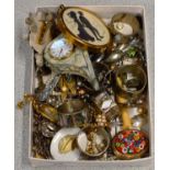 BOX CONTAINING VARIOUS COSTUME JEWELLERY, AYNSLEY CLOCK, VARIOUS NAPKIN RINGS, BROOCHES ETC