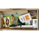 SMALL BOX CONTAINING VARIOUS BREWERY ADVERTISING ITEMS, MATCHSTICK BOXES, PLAYING CARDS, GOLF