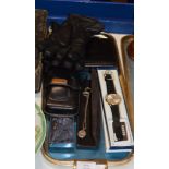 TRAY WITH PAIR OF LEATHER GLOVES, LEATHER WALLETS, VARIOUS WRISTWATCHES, CAMERA ETC