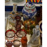 TRAY CONTAINING NAO FIGURINE, VARIOUS PAPER WEIGHTS, GLASS BOWLS, BOHEMIAN STYLE VASE, TEAPOTS,
