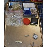 TRAY CONTAINING VARIOUS COSTUME JEWELLERY, LAVA STYLE BROOCH, BEADS, TRAVEL CLOCKS, PEN KNIVES,