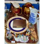 TRAY CONTAINING VARIOUS BIRD ORNAMENTS, PLATE, CARLTONWARE GINGER JAR, CARLTONWARE JUG & BLUE &