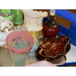 TRAY CONTAINING CARLTON WARE LAMP, BOWLS, LEAF DISH, GLASS VASE, STRATHMORE GLASS VASE, MALING