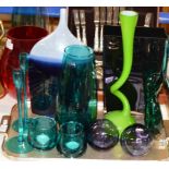 TRAY CONTAINING VARIOUS LSA GLASS VASES, MODERN COLOURED GLASS VASES, CANDLESTICKS ETC