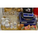 TRAY CONTAINING BUNNYKINS ORNAMENTS, EP WARE, FLOWER POSY, VASES, GLASS BOWL ETC