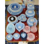 TRAY WITH QUANTITY OF WEDGEWOOD JASPER WARE, BOWLS, BELL & THE PINK WEDGEWOOD CANDLESTICKS & SMALL