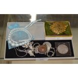 BOX CONTAINING QUANTITY COINAGE, SILVER FOB, FAUX PEARLS, QUANTITY COSTUME JEWELLERY ETC