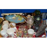 TRAY CONTAINING EAGLE ORNAMENT, HUMMEL FIGURINES, CARLTON WARE DISHES, GLASS JUG, CANDLE HOLDER,
