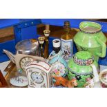 TRAY CONTAINING ROYAL BRADWELL JUG, LAMPS, CANDLESTICKS, SPODE CLOCK, PICQUOT WARE TEAPOT, MANTLE