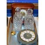 TRAY CONTAINING 2 GLASS DECANTERS, MANTLE CLOCK & WALL CLOCK