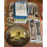 TRAY CONTAINING RIDGEWAYS PLATES, VARIOUS BOX SETS OF CUTLERY, NOVELTY BRASS SLIPPERS ETC