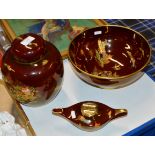 LARGE CARLTON WARE LIDDED JAR, CARLTON FOOTED BOWL & CARLTON TABLE LIGHTER