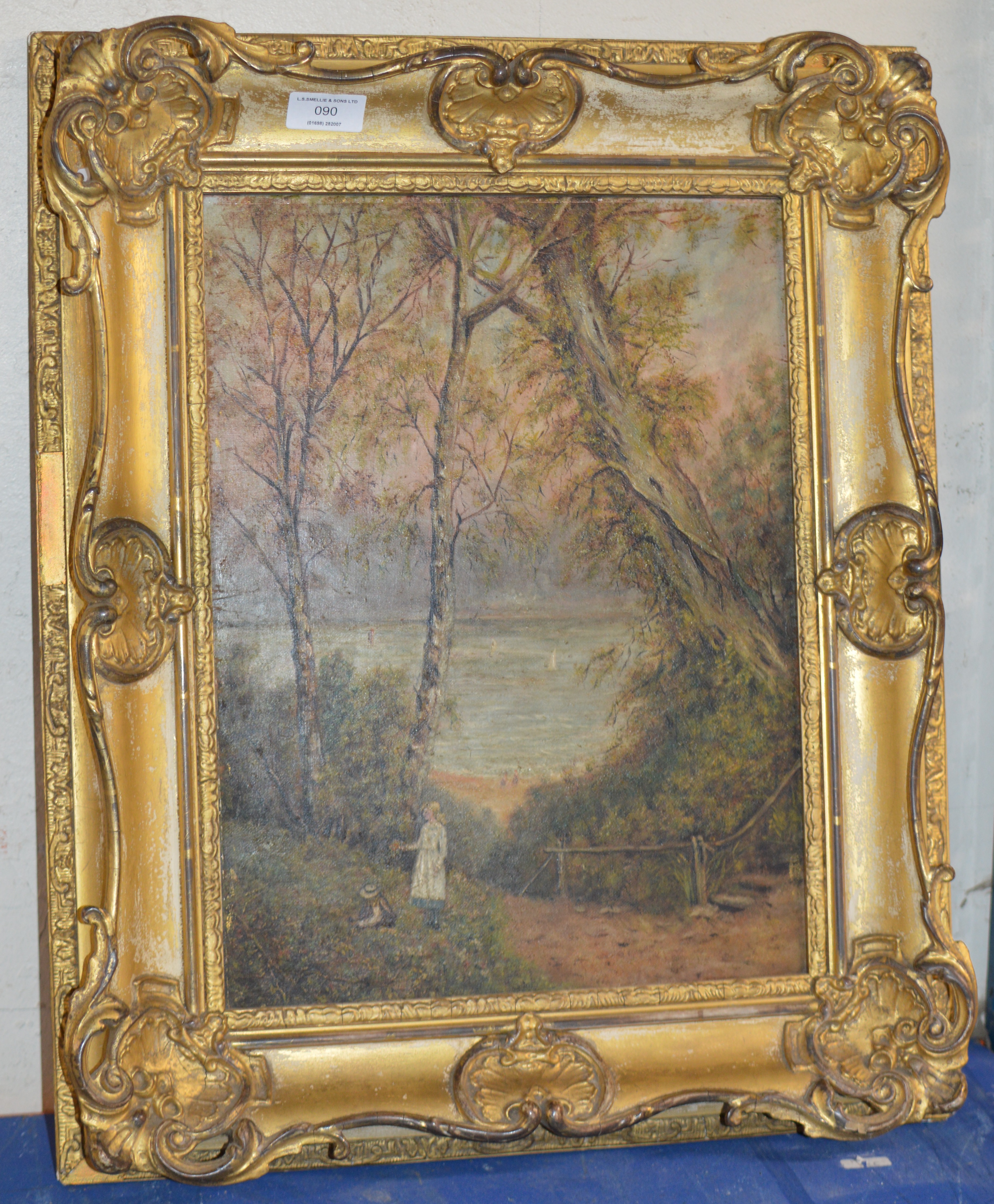 GILT FRAMED OIL ON CANVAS - COASTAL SCENE WITH VARIOUS FIGURES, UNSIGNED