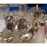 TRAY WITH VARIOUS EP WARE, CLARET JUG, TEA POTS, BONBON DISH ETC