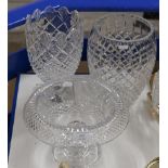 2 LARGE WATERFORD CRYSTAL VASES, TOGETHER WITH ANOTHER LARGE UNMARKED CRYSTAL VASE