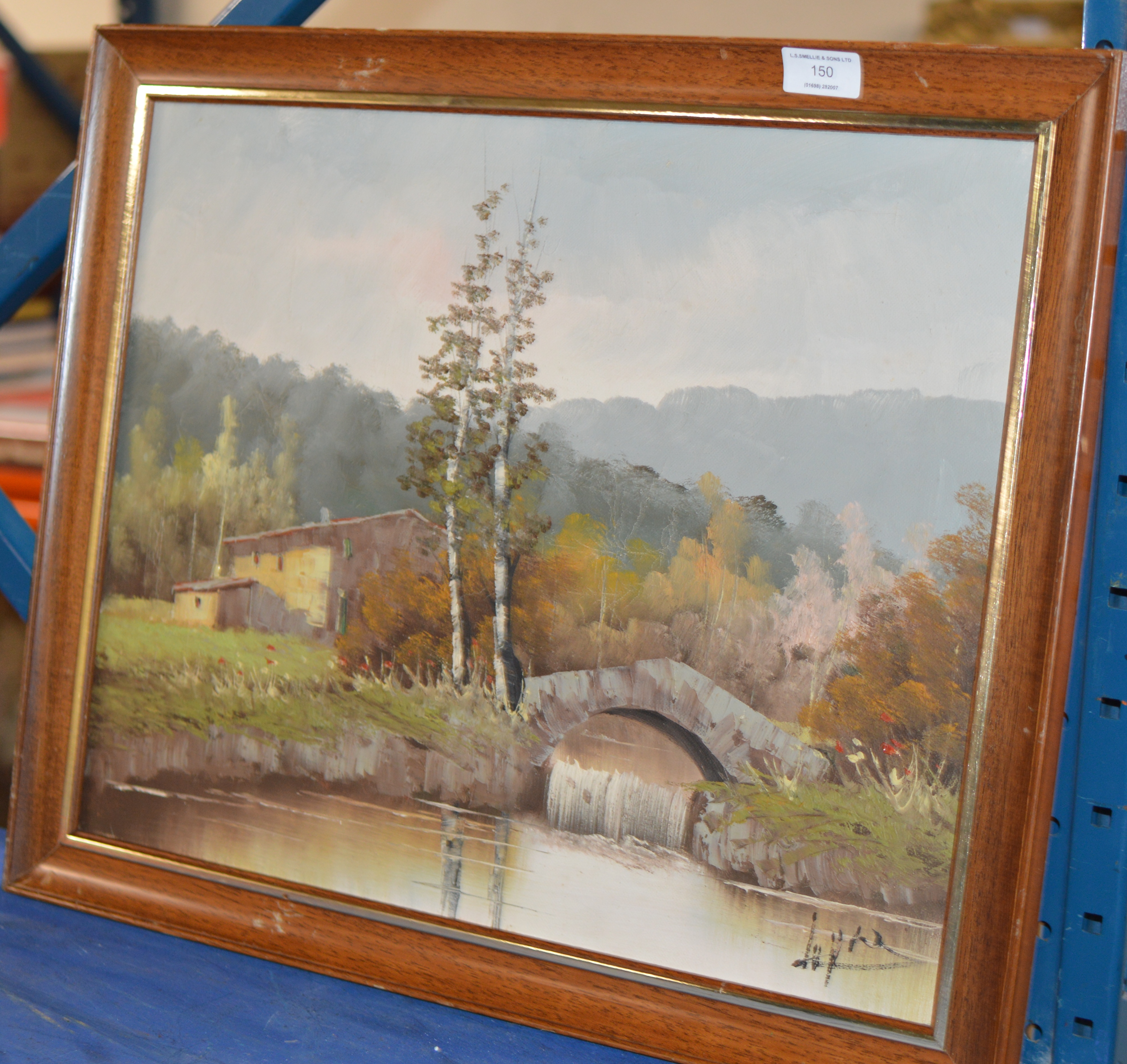 FRAMED OIL ON CANVAS - RIVER LANDSCAPE WITH BRIDGE, SIGNATURE INDISTINCT