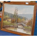 FRAMED OIL ON CANVAS - RIVER LANDSCAPE WITH BRIDGE, SIGNATURE INDISTINCT