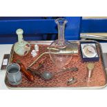 TRAY CONTAINING GLASS DECANTER, GLASS PAPER WEIGHT, OLD CORKSCREW, PAINTED GLASS VASE, PEWTER