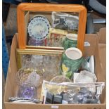 BOX CONTAINING VARIOUS CRYSTAL WARE, FRAMED MIRRORS, DECORATIVE POTTERY VASE, CAITHNESS GLASS WARE