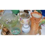 TRAY CONTAINING GENERAL CERAMICS, GLASS BOWL, NOVELTY WOODPECKER VASE, NORITAKE JAR ETC