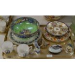 TRAY CONTAINING GENERAL CERAMICS, MALING BOWL, VARIOUS DISHES, SHIP IN A BOTTLE, PIN CUSHION DOLL