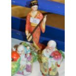 FRANKLIN MINT FIGURINE & 2 ORIENTAL FIGURE ORNAMENTS