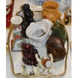 TRAY CONTAINING FIGURINE ORNAMENTS, CAT ORNAMENT, CANDLE STAND, POTTERY JUG, BUDDHA DISPLAY ETC