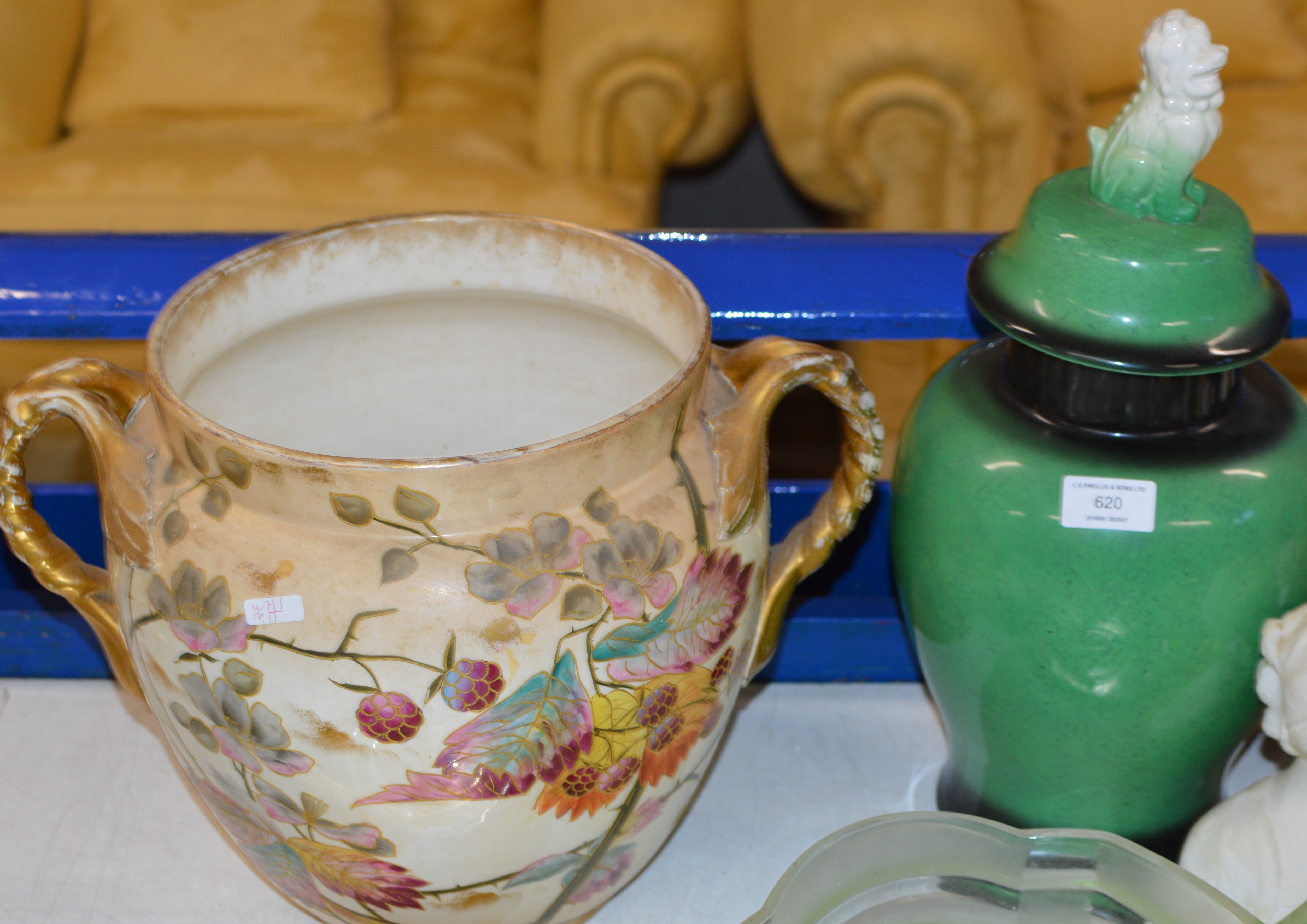 LARGE ORIENTAL STYLE LIDDED JAR & LARGE DECORATIVE DOUBLE HANDLED VASE