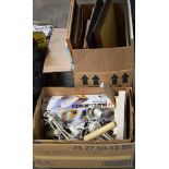 2 BOXES CONTAINING VARIOUS FRAMED PICTURES, LIGHT FITTING, HANDYVAC ETC